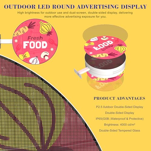 Image of P2.5 Outdoor LED Sign, Round 22 inch Diameter Digital Signage, IP65 Waterproof Outdoor Digital Signs 4000 cd /m High Brightness, Double-Sided Display, Electronic Message Board for Store Advertising