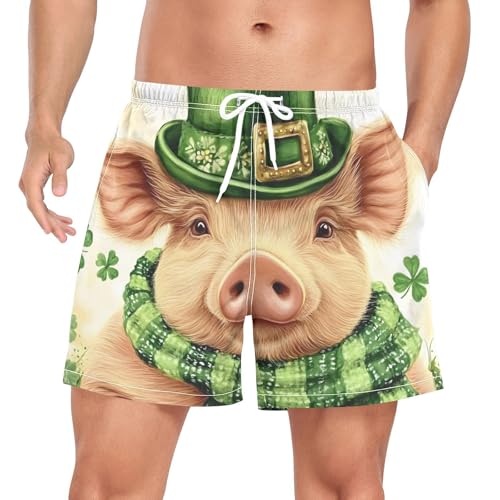 Mens Swim Trunks with Liner, Pig Cute Stpatricks Day Cool Quick Dry Beach Swim Shorts, Swimwear Bathing Suits S