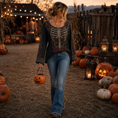 Womens Halloween Shirts Vintage Bell Sleeve Crew Neck Skeleton Top - image 4