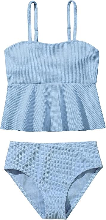 Image of QJQ Girl's 2 Piece High Waisted Swimsuits Ruffle Waffle Bathing Suit Summer Cute Bikini Sets
