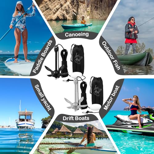 Image of Lounsweer 2 Pack 1.5 /3.5 lb Marine Kayak Anchor Kit Folding Grapnel Anchor Kit Boat Kayak Fishing Accessories for Small Boats Kayaks Canoe Paddle Boards