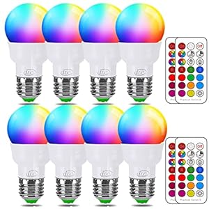 ILC RGB LED Light Bulb, Color Changing Light Bulb, 40W Equivalent, 450LM, 2700K Warm White 5W E26 Screw Base RGBW, Flood Light Bulb- 12 Color Choices – Timing Infrared Remote Control (8 Pack)