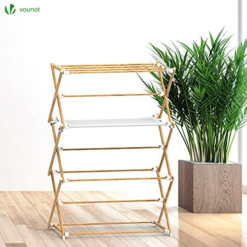VOUNOT Folding Clothes Airer Extendable Tower Clothes Airer Space Saving Clothes Dryer with 3 Levels Metal Wood Look, 75 x 63 x 169 cm