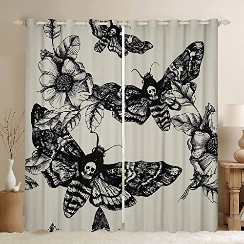 Gothic Skull Window Drapes Decorative Death Moth and Flowers Curtains For Kids Teens Bedroom Decor Breathable Pesonalized Skeleton Bones Curtain Black Cream Window Curtains(2 Panels, 42 x 63