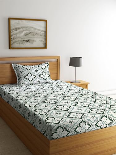 Image of NHD HOME Glace Cotton 180 TC Flat Single Bedsheets for Summer Breathable | Wrinklefree (Size-60 X 90 Inch) with 1 Pillow Covers (Size-17 X 27 Inches, Floral Green & White