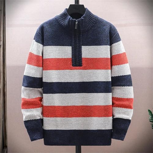 Men's Knit Sweater Stand Collar Half Zip Pullover Striped Thick Fleece Casual Warm Fall Winter Top4