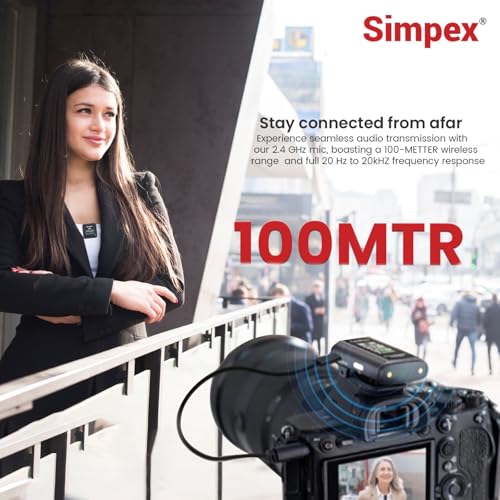 Image of Simpex M-16 Wireless Microphone with Charging Case, 100m Range, Intelligent Noise Cancellation, 10Hrs Battery, Compatible with DSLR, Smartphones for Vlogging, Interviews & Podcasts