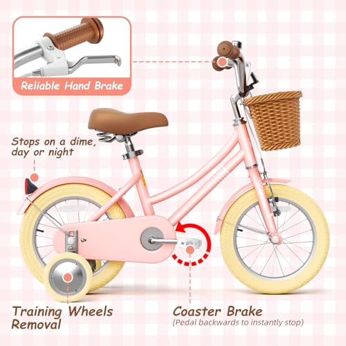 Image of Glaf Girls Bike with Training Wheels Toddler Kids Bike for 2-12 Years Old 12 14 16 18 20 Inch Children Cruiser Bicycle with Adjustable Seat and Handlebar (Pink, 12 Inch with Training Wheels)