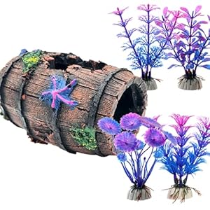 Faeshoo Fish Tank Decoration Betta Fish Tank Decorations Accessories for Aquarium Tank, Starfish Barrel x 1pc, Aquatic Plants x 4pcs