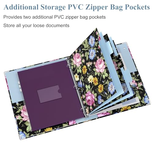 Image of 3 Ring Binder, 1 Inches Round Ring Binder with Clipboard, Dividers Tabs, PVC Zipper Bag Sleeves & to Do List Planners for Women, Men, School, Office Supplies, Flowers