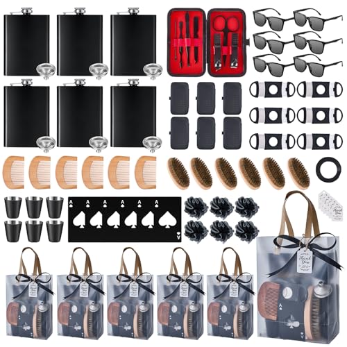74PCS Baby Shower Prizes for Men 6 Set with 8 oz Stainless Steel Hip Flask with Funnel Bottle Opener Manicure Kit Bath Sponge Sunglasses Gift Bag Baby Shower Game Prizes for Winner Bachelor Party