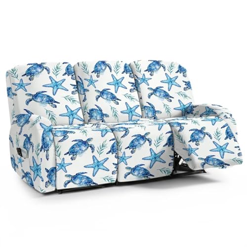 Hresuewn All-in-One 3-Seater Recliner Sofa Cover 8 Pcs, Complete Furniture Protection Suite, Stretch Material Conforms to Your Sofa's Shape,Blue Sea Turtle Starfish Coastal