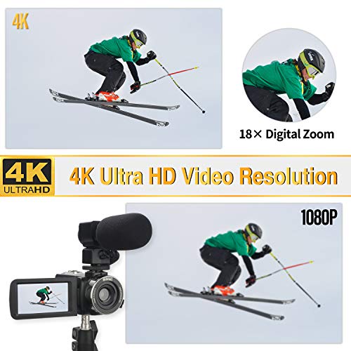 4K Camcorder Video Camera for YouTube Ultra HD 4K 48MP 18X Digital Zoom Camcorder with Microphone Remote Control 3 inch Touch Screen and 2 Batteries