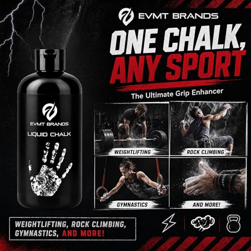 Image of EVMT Brands Liquid Chalk, Mess Free Gym Chalk for Weightlifting, Gymnastics, Rock Climbing, Dancing. Sweat Resistant and Long Lasting for Stronger Grip.
