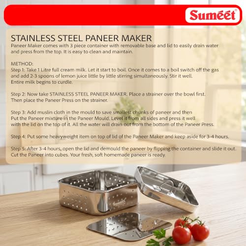 Image of Sumeet Stainless Steel Square Shape Paneer /Tofu /Sprout Maker /Mould /Press, Easy and Perfact for Home Made Healthy Paneer, 10cm Dia, 200gms Paneer from 1 liter Milk, Silver
