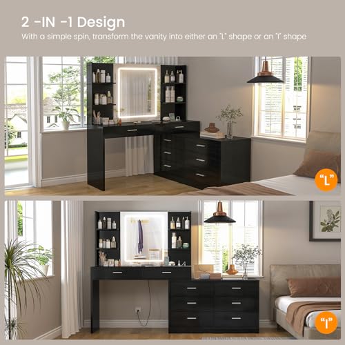 Image of FIONESO Vanity Desk with LED Light Mirror & Power Outlet, 8 Drawers, 6 Storage Shelves, 3 Color Modes & Adjustable Brightness Makeup Vanity, Corner Vanity, L Shape Vanity, 39.4 inch-64.9 inch Desk, Black