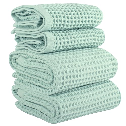 PÜSKÜL Natural 100% Turkish Cotton Waffle Towels Set of 4-Piece, Ice Green