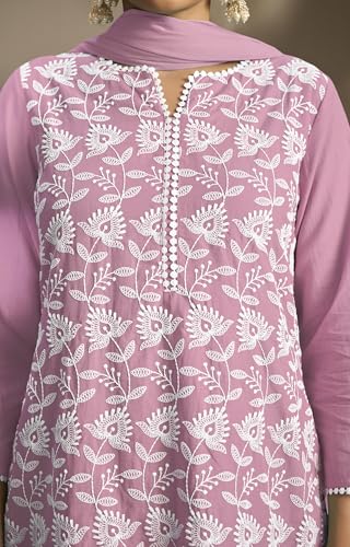Image of DRESOUL Women Pure Cotton Schiffli Embroidered Kurta Set and Dupatta