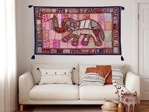 Image of Ekam Art Rajasthani Handmade Heavy Elephant Embroidery Cotton Patchwork Tapestry Cotton Wall Decor Hanging Beaded Tapestries Home Living Room Decor 40 x 60 Inch (Blue)