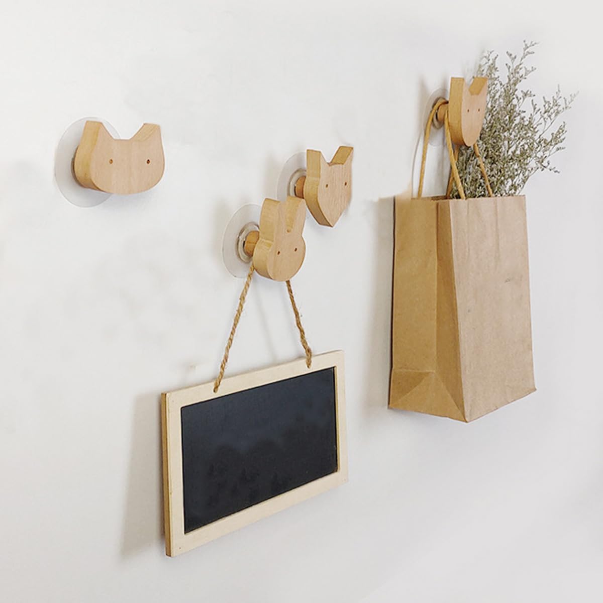 Set di 4 ganci appendiabiti da parete in legno, mollette per porta vestiti, pomelli per armadi e cassetti, decorazione per mobili della cameretta dei bambini (animali carini)