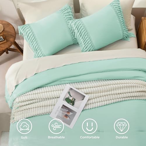 Image of Andency Comforter Full Size Set Mint, Boho Lightweight Vintage Soft Bedding Comforter Sets, 3 Pieces Bed Set (79x90In Comforter & 2 Pillowcases)