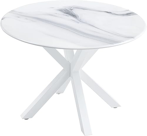 Mesa redonda de mármol sintético blanco de 42 pulgadas para 4-6 personas, mesa moderna en forma de X de mediados de siglo para comedor, cocina, sala