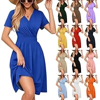 Générique Robe Ete Femme Manches Courtes Col en V Taille Empire Wrap Taille Robe de Plage Fleurie Décontractée avec Poches Sun Dress A-Line Plissee Legere Fluide, Bleu1, S
