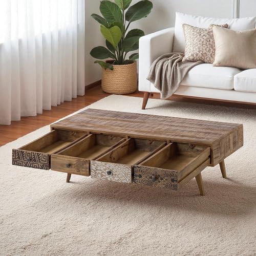 Image of The Attic Mans Coffee Table, Coffee Table for Living Room, Solid Wood Centre Table, Ant. Honey Matte Finish