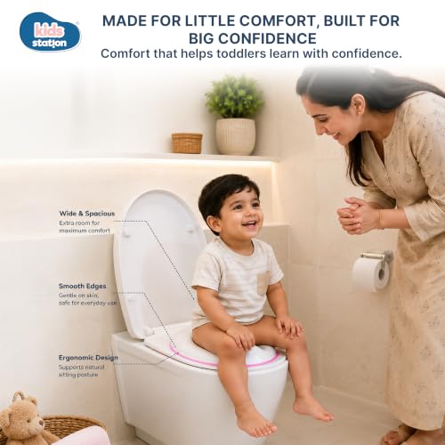 Image of Kids Station Baby Portable Baby Potty Training Toilet Seat Cover with Non-Slip Base, Splash Guard, and Storage Hook-Ideal for 1-5 Year Child, Fits Round & Oval Western Toilets, Toddler Travel-Friendly