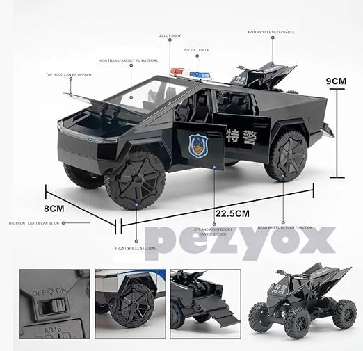 Image of 1:24 Scale Die-Cast CyberTruck Police【Free Wheel】 with 6 Openable Doors,Steerable Tyres,Working Horn,Working Lights (Black)