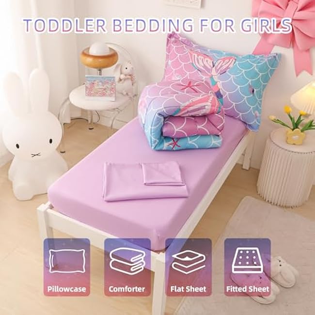 Mermaid Tail Toddler Bedding Set Crib Bedding Set for Girls 4 Pieces with Toddler Comforter, Toddler Bed Sheets, Pillowcase, Purple Blue Gradient