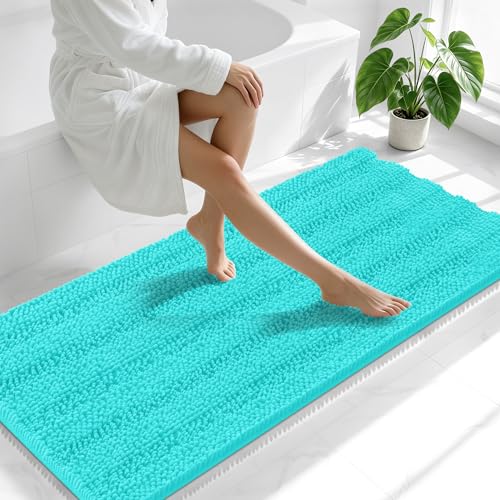 Image of Smiry Thick Chenille Bathroom Runner Rugs 59x24, Absorbent Striped Bath Mat, Machine Washable, Rubber Backing, Extra Long Bath Rugs for Tub & Shower, Modern Home Decor Accessories, Teal