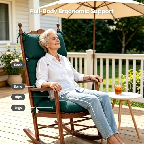 Image of QILLOWAY Outdoor Rocking Chair Cushions Set of 4, 100% Polyester Waterproof Patio Rocking Chair Cushion, High Back Weatherproof Chair Pad for Adirondack & Outdoor Furniture, Mallard, Forest Green