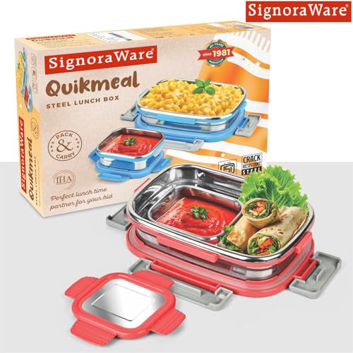 Image of SignoraWare Quickmeal Stainless Steel Small Lunch Box | Airtight & Leakproof | Portion Control | Easy to Carry | Ideal for Office, School, Kids & Travel (650ml + 130ml | Red)