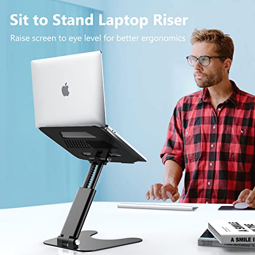 Image of Rottay Collapsible Laptop Stand, Adjustable Height up to 16 inch, Ergonomic Laptop Riser with 2 Angle Adjustment Buttons, Aluminum Laptop Holder Computer Stand Fits MacBook, Laptops Tablets 10-16 inch, Black