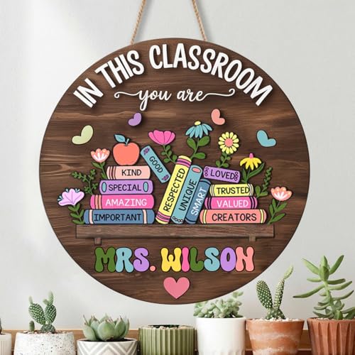Furryland Personalized Teacher Door Sign with Name Classroom Door Hanger for Teachers Custom Wooden Welcome Teachers Sign Teacher Appreciation Gifts Back to School Gifts Classroom Decorations 9