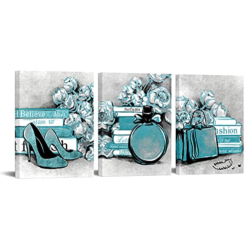 Levvarts 3 Piece Fashion Canvas Wall Art Glam High Heels Perfume Bags With Book Poster Art Painting Prints Framed Modern Teal And Grey Home Bathroom Beauty Room Decorations 12X16Inchx3Pcs #TOP6