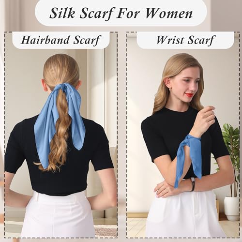 21"x21" Solid Color Mulberry Silk Scarf Silk Hair Wrap Head Scarf Lightweight Square Neckerchief, Blue3