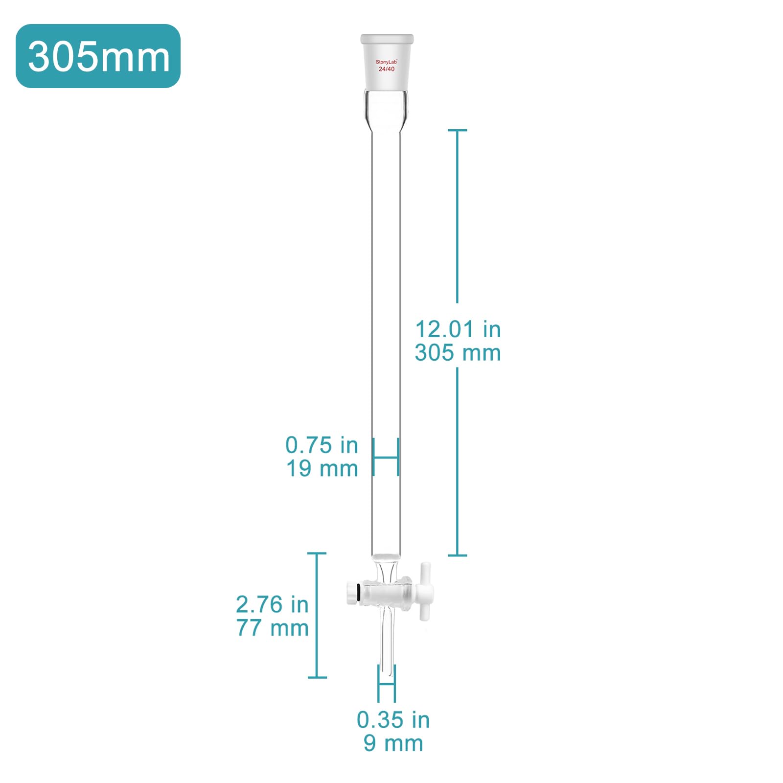stonylab Borosilikatglas-Säulenchromatographie mit G2-Sandplatte, 19 mm Innendurchmesser, 305 mm Effektive Länge, 24/40 Gelenk