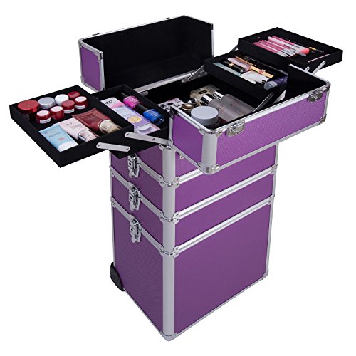 Ollieroo 4 in 1 Aluminum Rolling Cosmetic Makeup Train Cases Trolley Professional Artist Train Case Organizer Box Lift Handle Lock 2 wheel 2 Keys Each Layer Total 8 Keys Purple - Thumbnail 2
