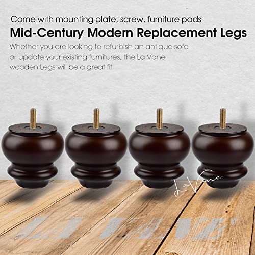 La Vane 3 Inch / 8Cm Wooden Furniture Legs, 4Pcs Solid Wood Round Gourd M8 Replacement Bun Feet Black With Pre-Drilled 5/16 Inch Bolt & Mounting Plate & Screws For Sofa Chair Ottoman #TOP1