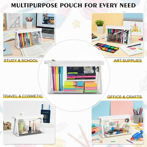 Image of GLUN Clear Stationery Pouch with Zip Closure, Cute Storage Bag for Girls, Boys & Women, Travel & Daily Use, White, Plastic