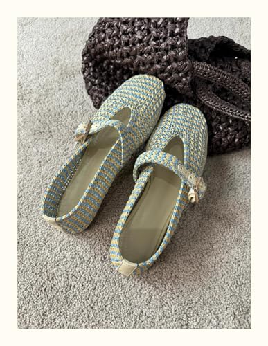 ZQW Woven Mesh Mary Jane Ballet Flats for Women Genuine Leather Raffia Slip-On Breathable Comfortable Summer Casual Shoes2