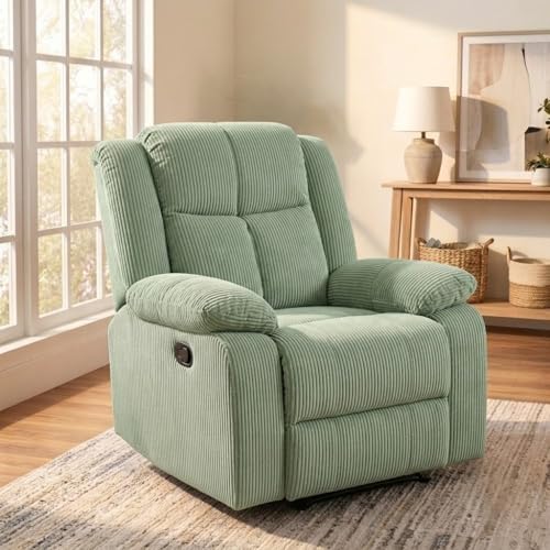 Image of Oversized Corduroy Recliner Chair, Manual Lazy Boy Recliner with Home Theater Seating, Breathable Living Room Reclining Chair for Adults Reading, Gaming, Relax, Green