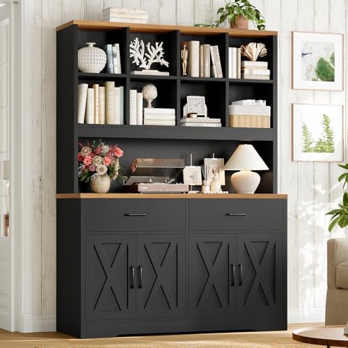 Image of TEENFON Storage Cabinet with Doors and Drawers, Pantry Cabinets, 5 Tier Floor Standing Bookshelves, Bookshelf and Bookcase, 8 Open Storage Shelves and Printer Stand for Study, Living Room, Office