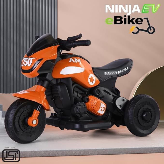 Image of Ninja Ev Kids Battery Operated Bike Rechargeable Ride on for Boys and Girls with Music and Lights, Forward and Backward Gear, Built in MP3 Player Baby Bike with USB Port (Orange)