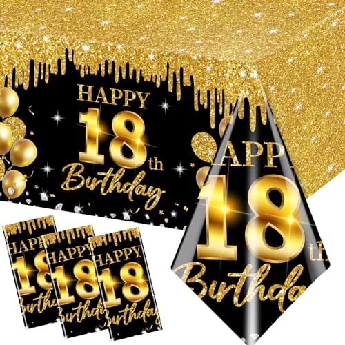 3Pcs 18th Birthday Tablecloth Black and Gold 18 Years Old Happy Birthday Table Cover Time to Adult 18th Tablecloth for Boys Girls Cheers to 18 Years Old Party Supplies