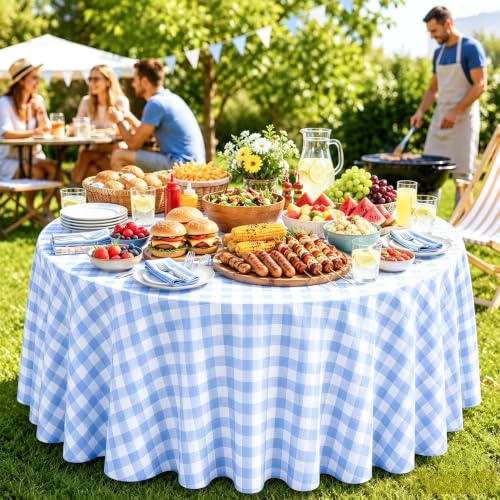 Image of WNINK 4 Pack Blue Gingham Round Tablecloth, 84 Inch Disposable Plastic Table Covers, Blue Checkered Round Table Cover for Birthday Parties, Holiday, Picnic, BBQ, Family Gathering Party Supplies