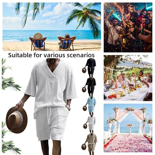 Athleisure Cable Jacquard Set Men,Cable Knit T-shirt Set, Men's V-Neck 3/4 Sleeve Top and Drawstring Shorts 2 Piece3