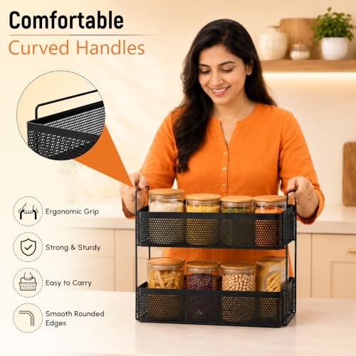 Image of JD FRESH 2 Tier Metal Square Kitchen Stand Organizer /Countertop Large Capacity Storage Rack /Space Saving Design /Modern Ventilation Design for Spices,Fruits or Vegetables /Bathroom Vanity Storage Shelf
